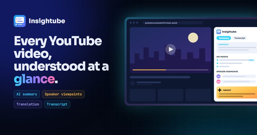 Insightube beside a YouTube video, showing an AI summary, key points and speaker viewpoints.
